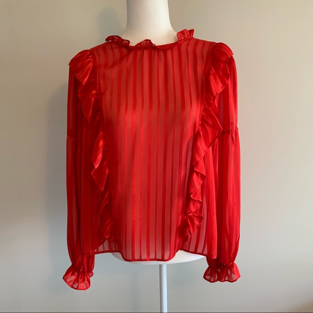 Topshop striped ruffle detail long sleeve blouse